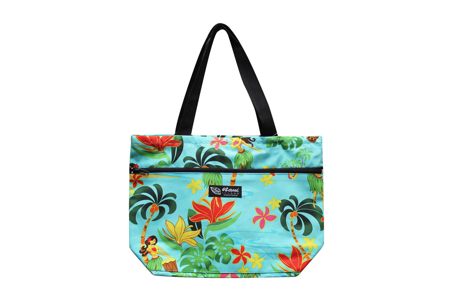 Tote Bag Zipper M - Hawaiian Hula Girl Turq