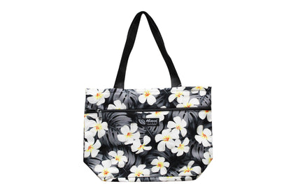 Tote Bag Zipper M - Modern Plumeria Black