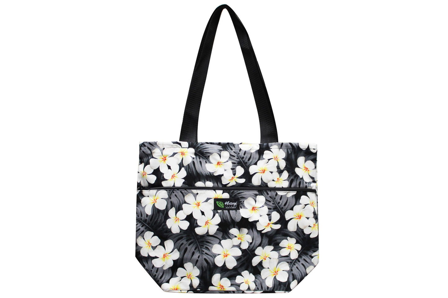 Tote Bag Zipper L - Modern Plumeria Black