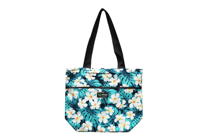 Tote Bag Zipper L - Modern Plumeria Blue