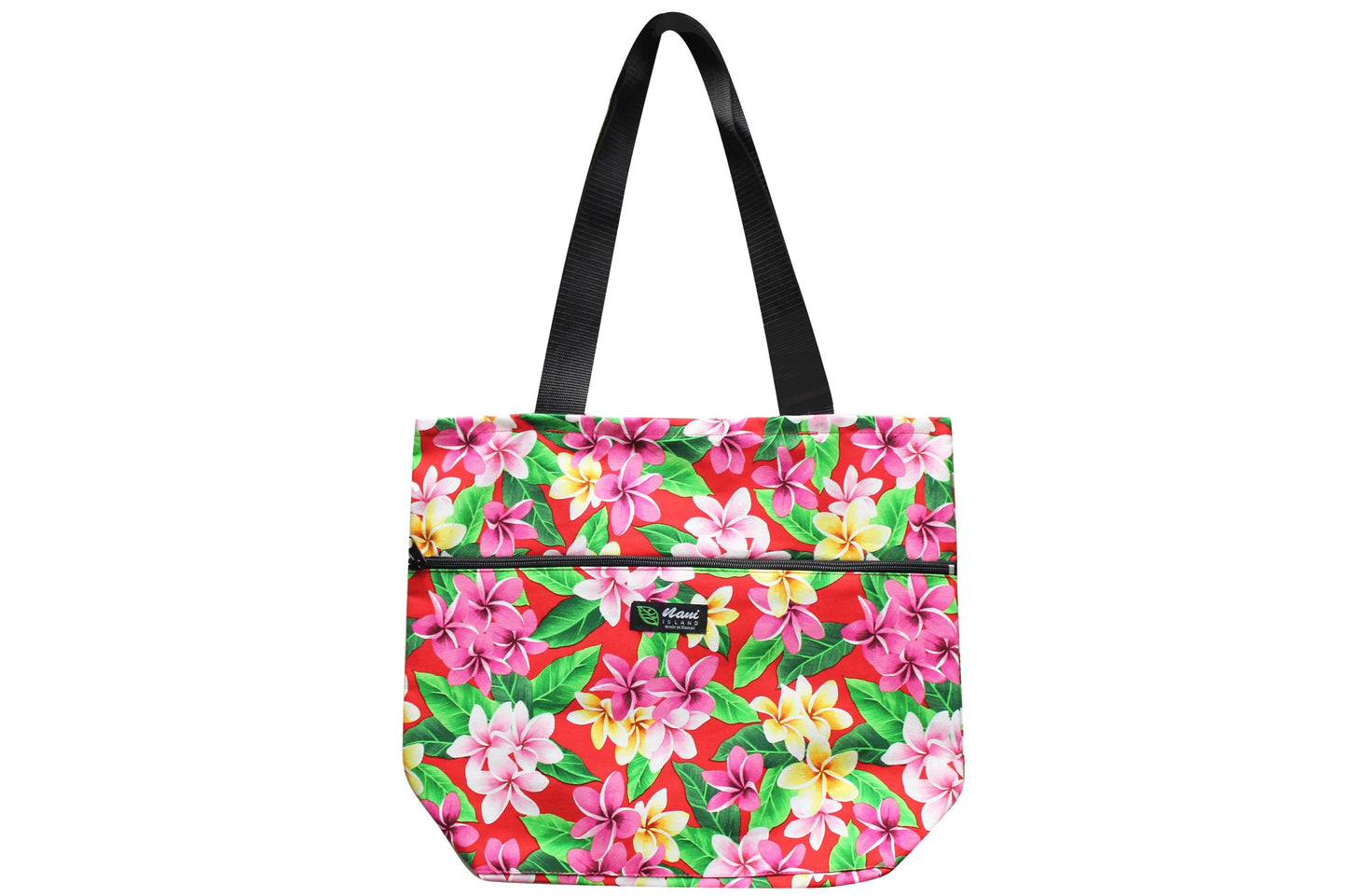 Tote Bag Zipper L - Tropical Plumeria Red