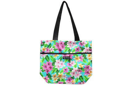 Tote Bag Zipper L - Tropical Plumeria Teal