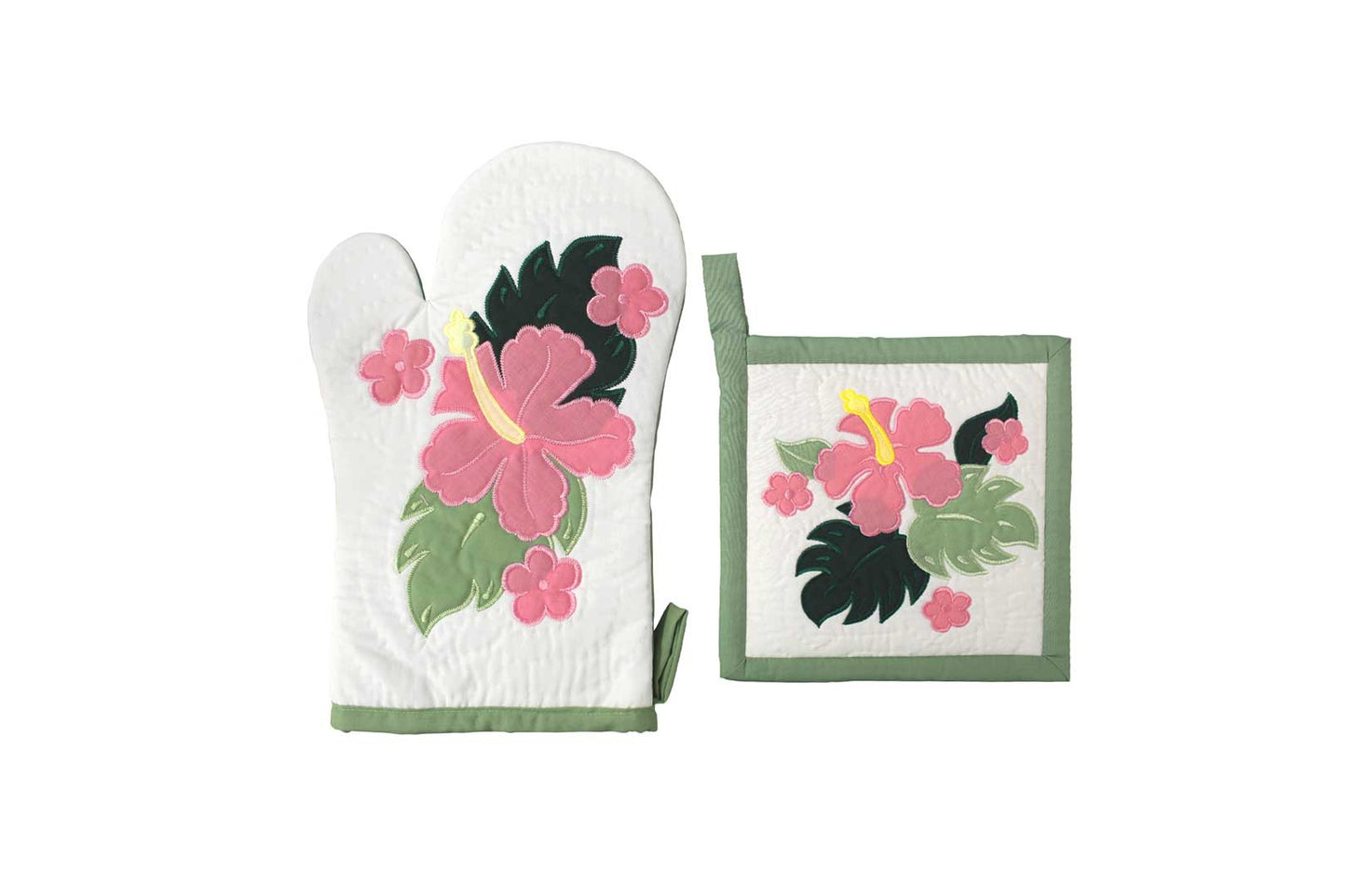 Quilted Bundle Potholder / Oven Mitt - Green/Pink
