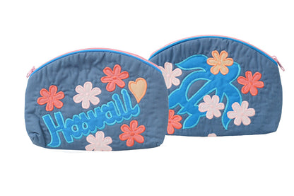 Quilted Cosmetic Pouch Large - Blue/Pink