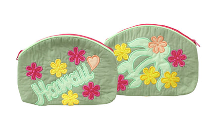 Quilted Cosmetic Pouch Large - Green/Pink