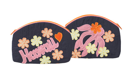 Quilted Cosmetic Pouch Large - Navy/Orange